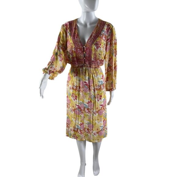 Torrid Womens 1X Floral Embroidered Midi Dress Smocked Waist Balloon Sleeve Boho - Picture 2 of 13